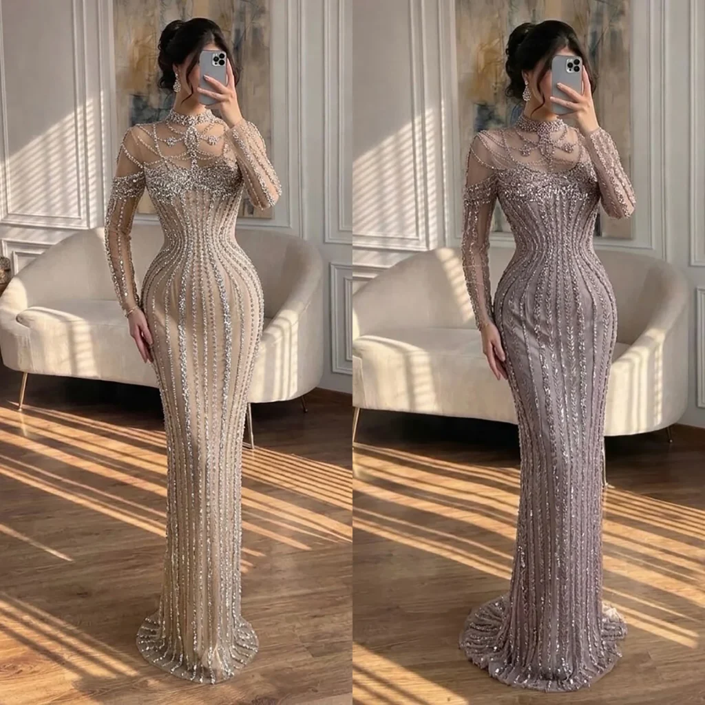Nove Dress Nude Crystal Beaded Long Sleeve High Neck Mermaid Prom Evening Dress