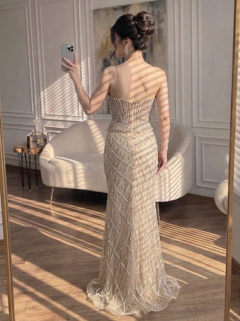 Nove Dress Nude Crystal Beaded Mermaid Evening Dress - Style