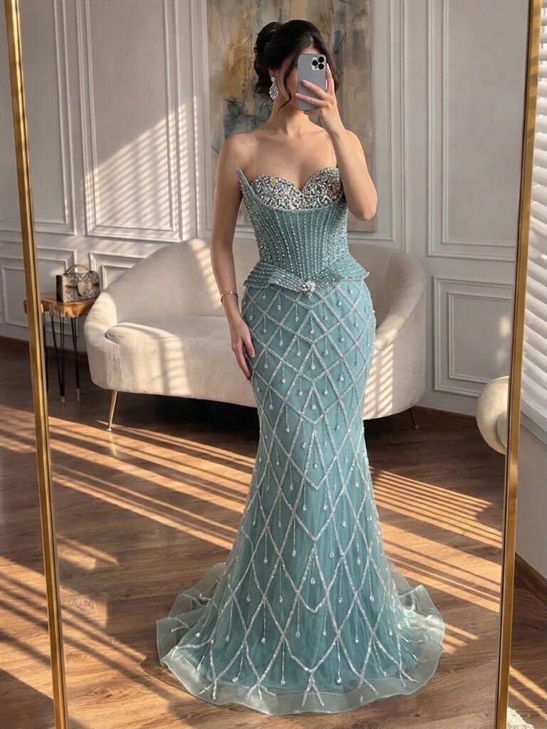 Nove Dress Nude Crystal Beaded Mermaid Evening Dress - Style