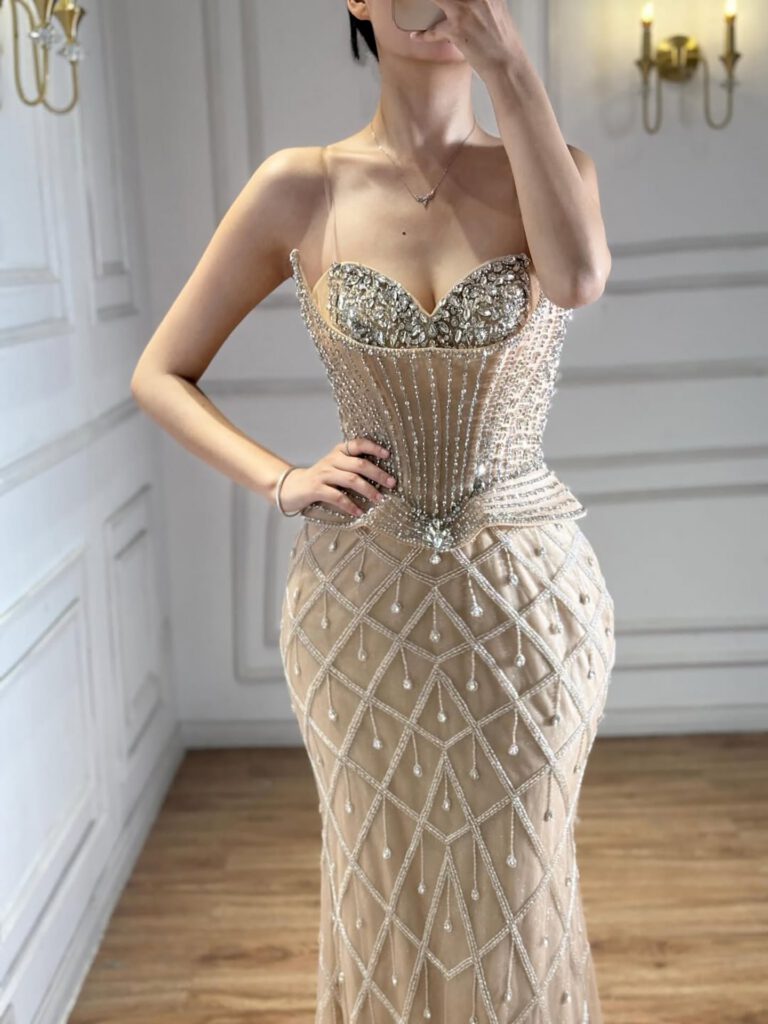 Nove Dress Nude Crystal Beaded Mermaid Evening Dress - Style