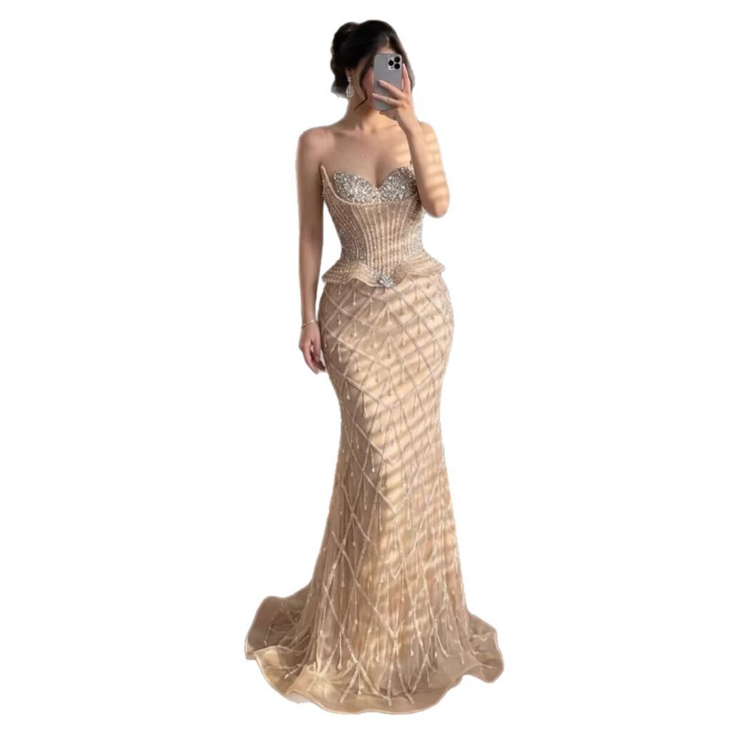 Nove Dress Nude Crystal Beaded Mermaid Evening Dress - Style