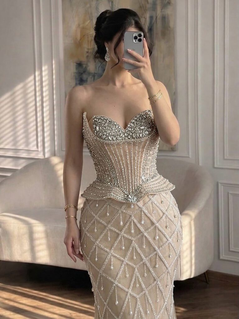 Nove Dress Nude Crystal Beaded Mermaid Evening Dress - Style