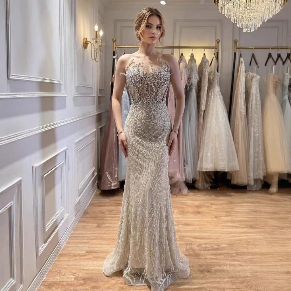 Nove Dress Nude Crystal Beaded Mermaid Evening Dress - Style