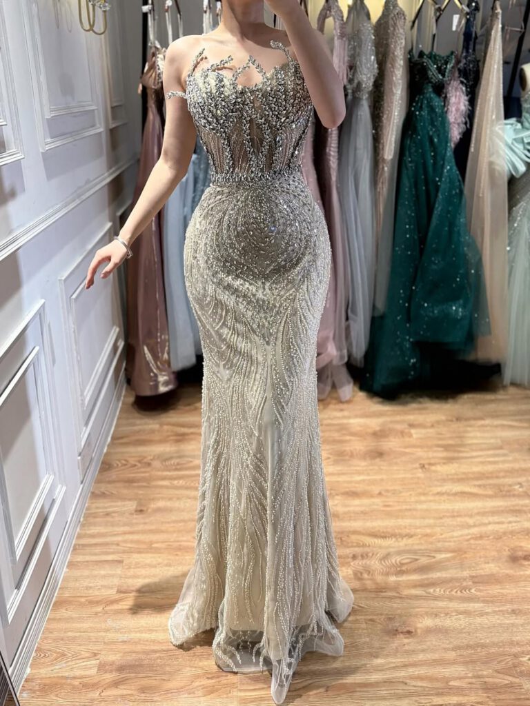 Nove Dress Nude Crystal Beaded Mermaid Evening Dress - Style