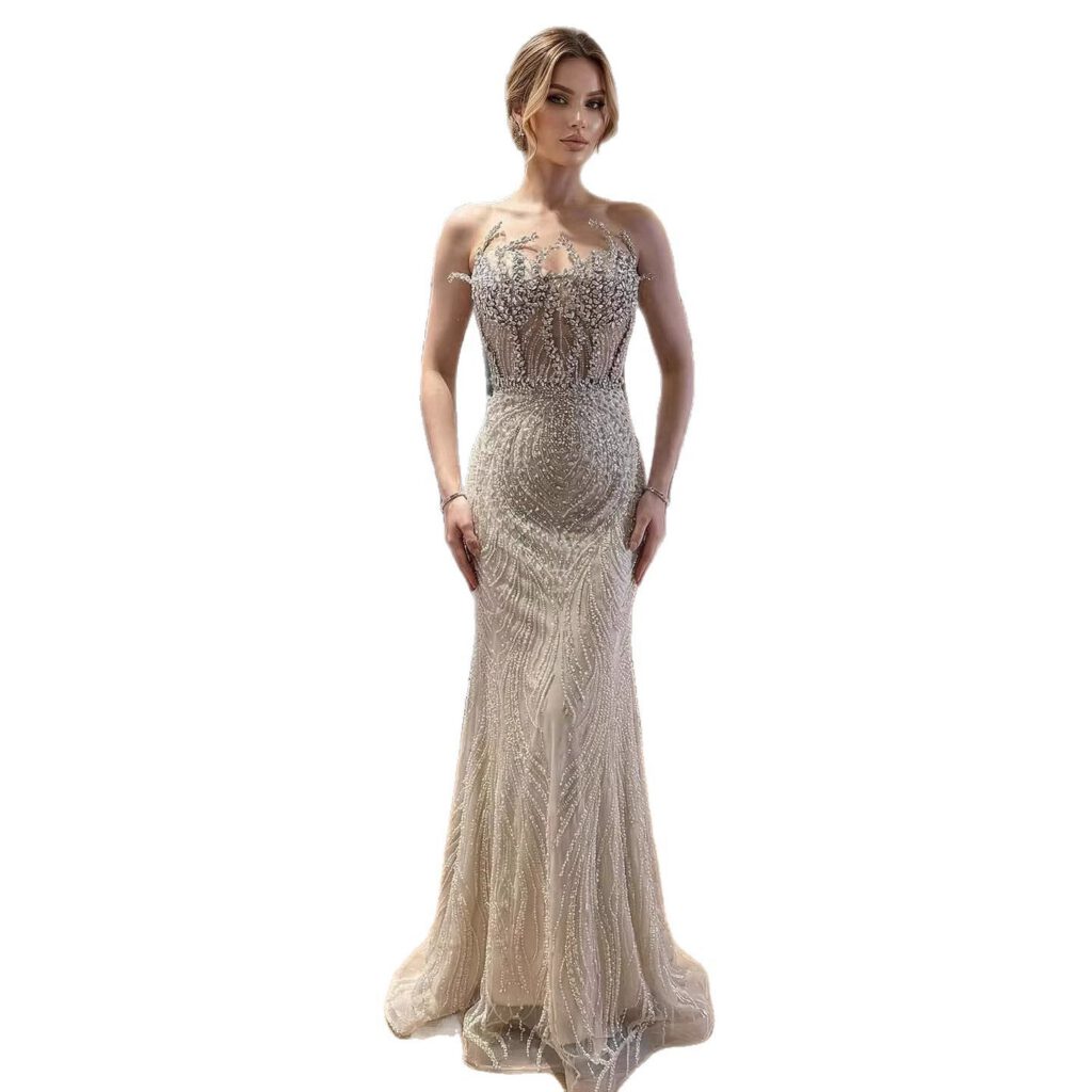 Nove Dress Nude Crystal Beaded Mermaid Evening Dress - Style