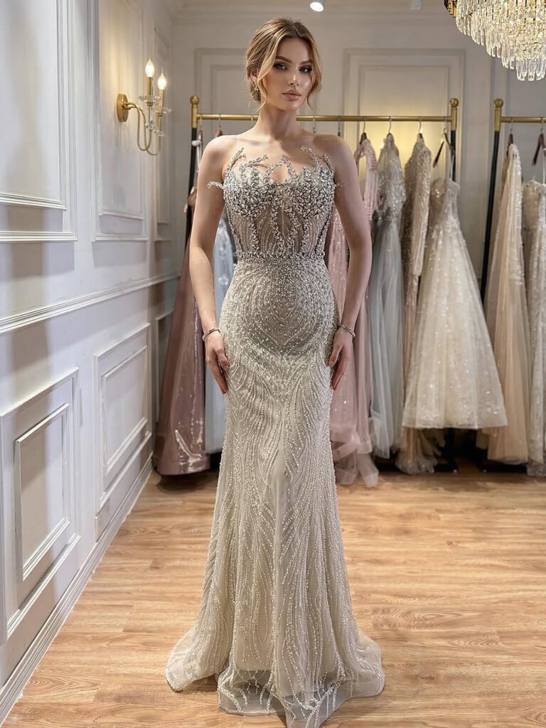 Nove Dress Nude Crystal Beaded Mermaid Evening Dress - Style