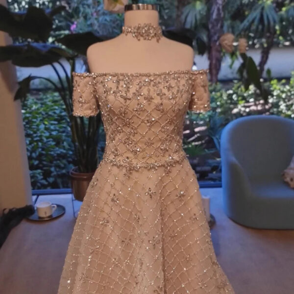 Nove Dress Nude Crystal Beaded Off Shoulder A-Line Evening Dress 1 - Nove Dress