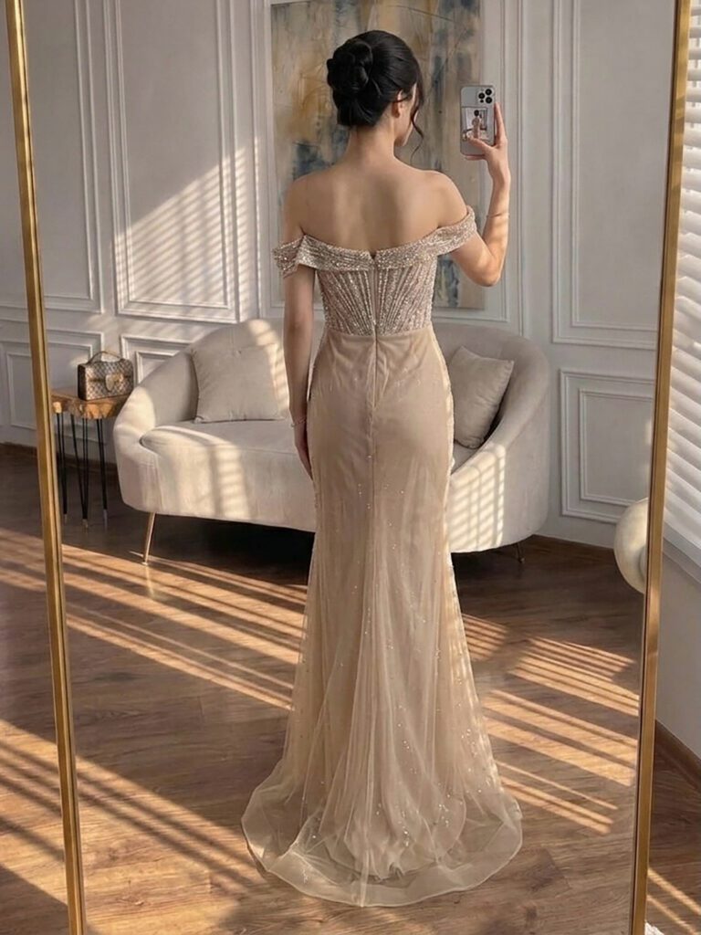 Nove Dress nude Meerjungfrau Abendkleid mit Kristallbesatz und schulterfreiem Schnitt - Look 2