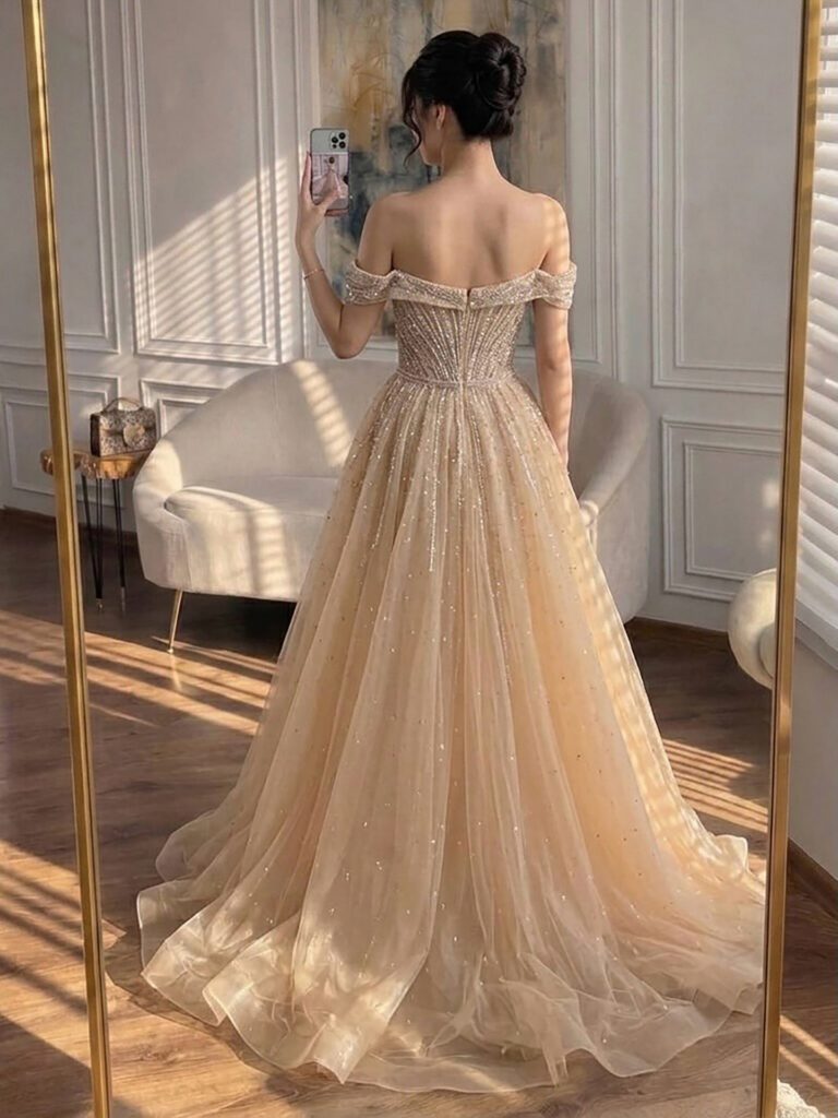 Nove Dress nude Meerjungfrau Abendkleid mit Kristallbesatz und schulterfreiem Schnitt - Look 2