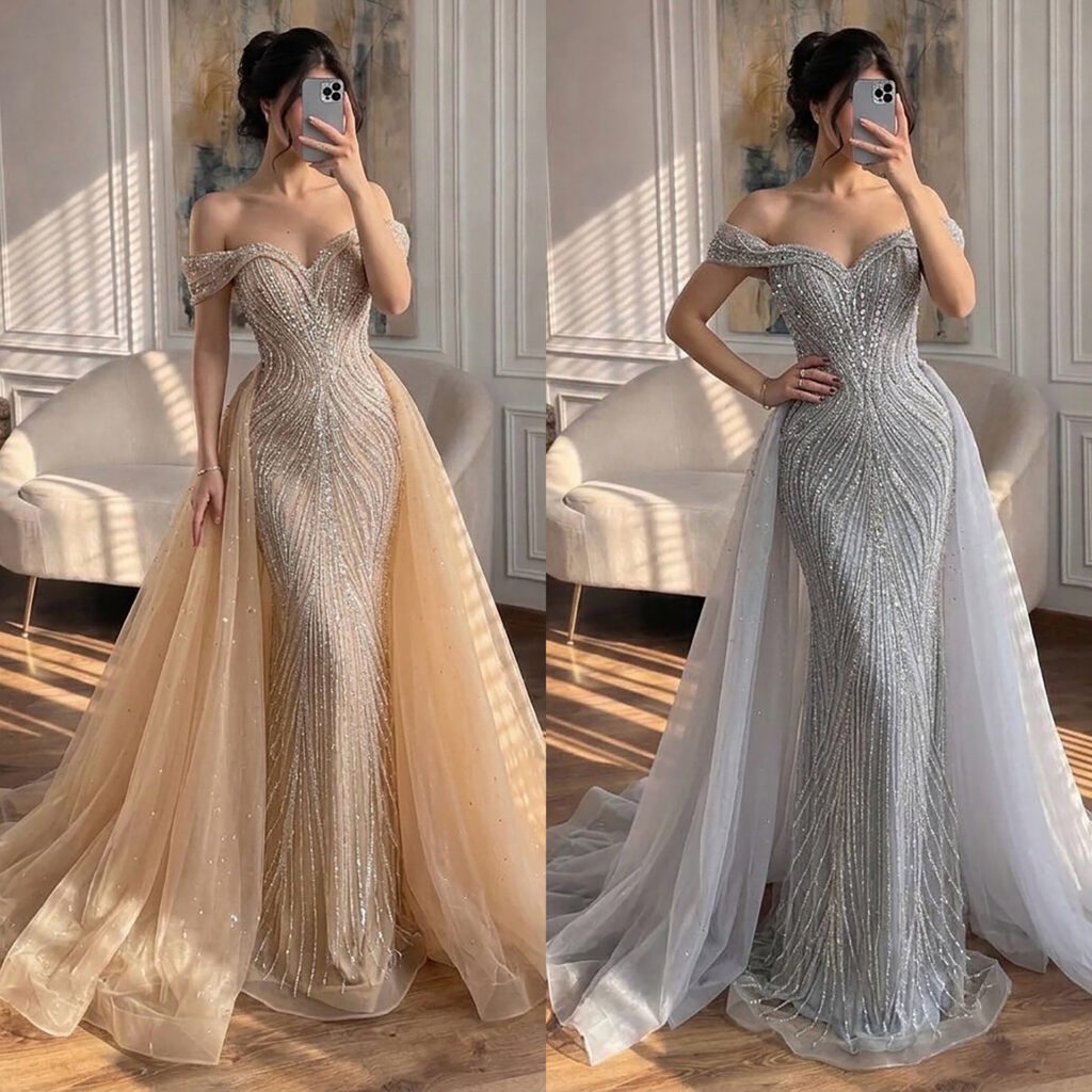 Nove Dress nude Meerjungfrau Abendkleid mit Kristallbesatz und schulterfreiem Schnitt - Look 2