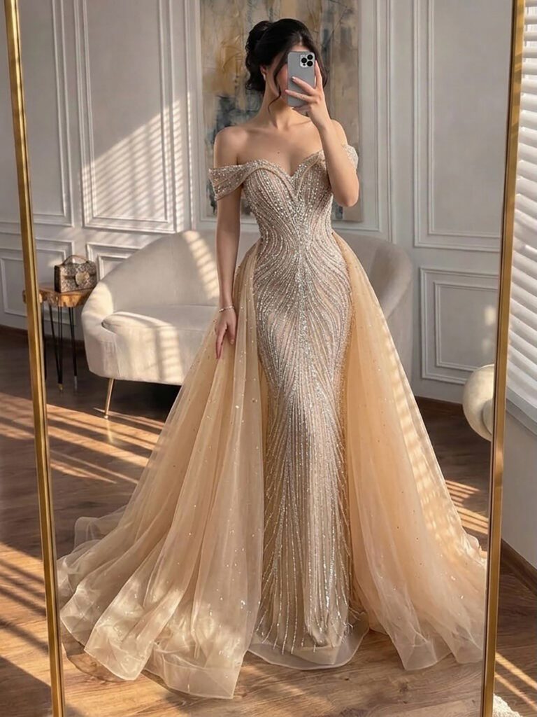 Nove Dress nude Meerjungfrau Abendkleid mit Kristallbesatz und schulterfreiem Schnitt - Look 2