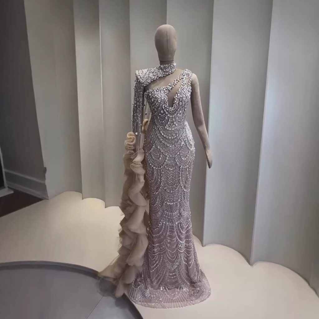 Nove Dress Nude Crystal Beaded One Shoulder Mermaid Evening Dress