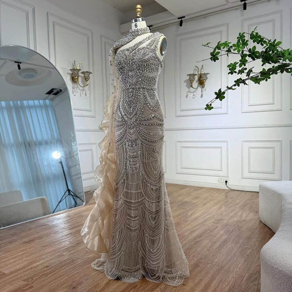 Nove Dress Nude Crystal Beaded One Shoulder Mermaid Evening Dress