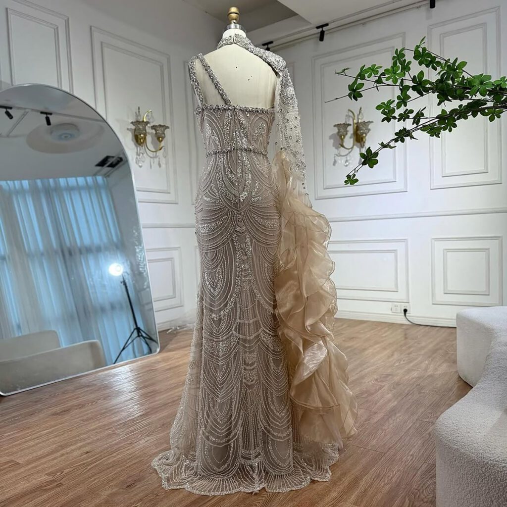 Nove Dress Nude Crystal Beaded One Shoulder Mermaid Evening Dress