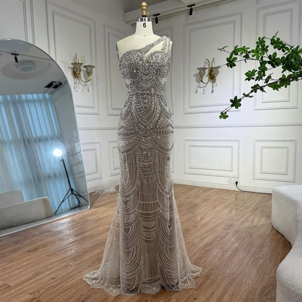Nove Dress Nude Crystal Beaded One Shoulder Mermaid Evening Dress