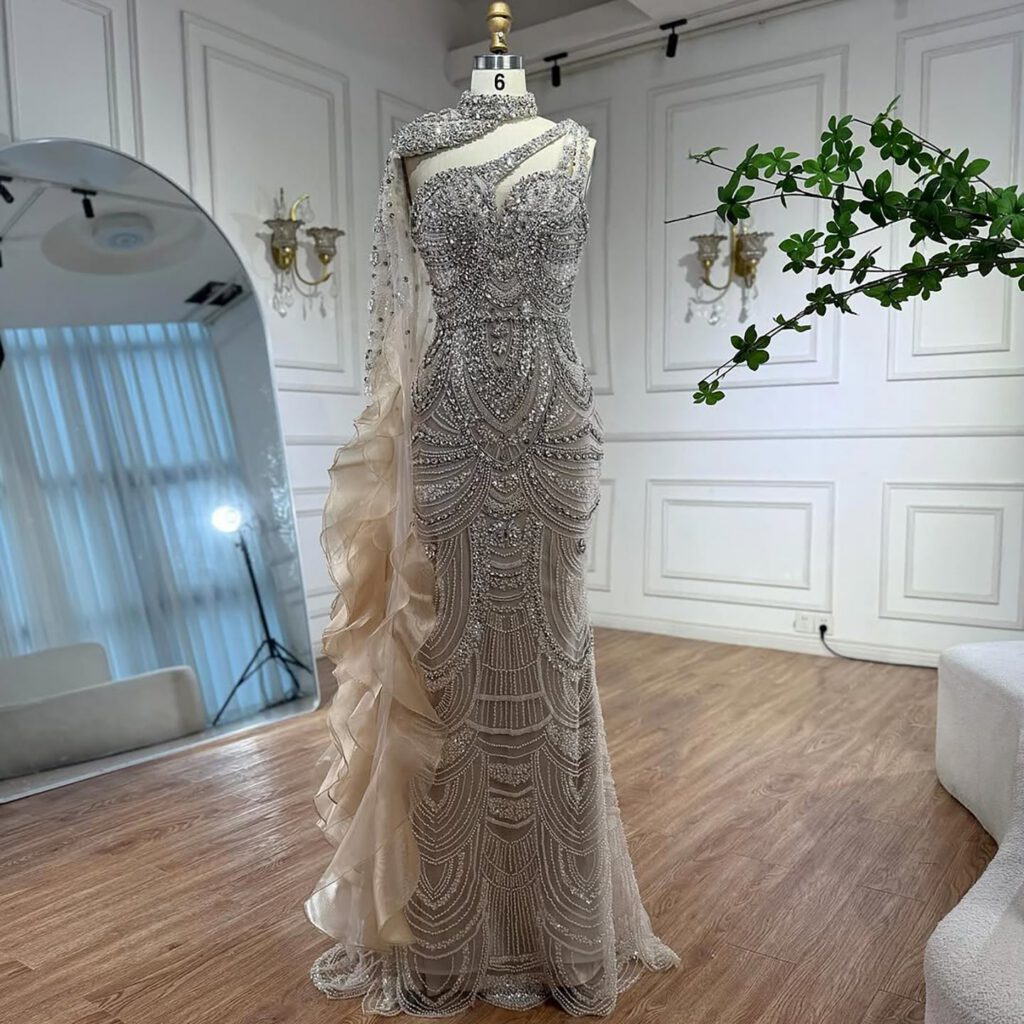 Nove Dress Nude Crystal Beaded One Shoulder Mermaid Evening Dress