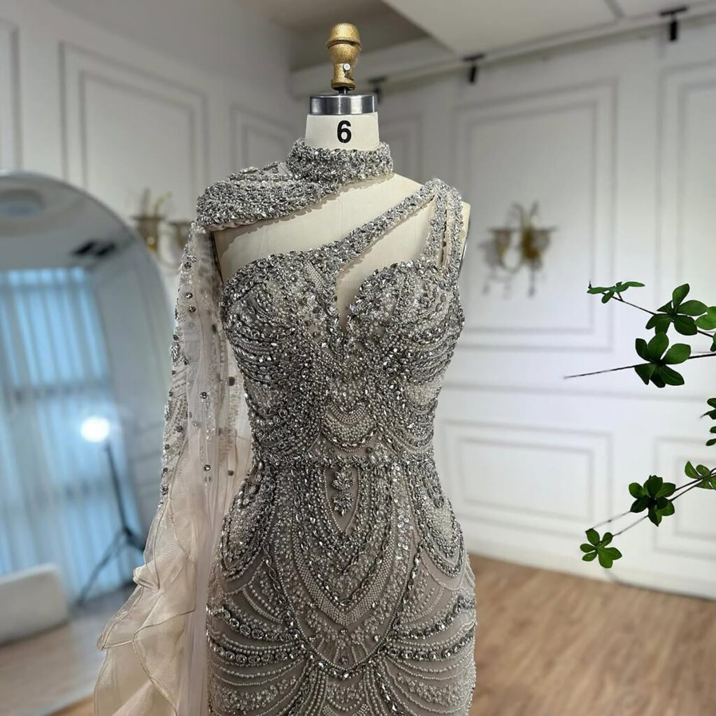Nove Dress Nude Crystal Beaded One Shoulder Mermaid Evening Dress