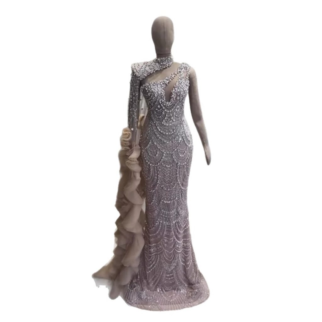 Nove Dress Nude Crystal Beaded One Shoulder Mermaid Evening Dress