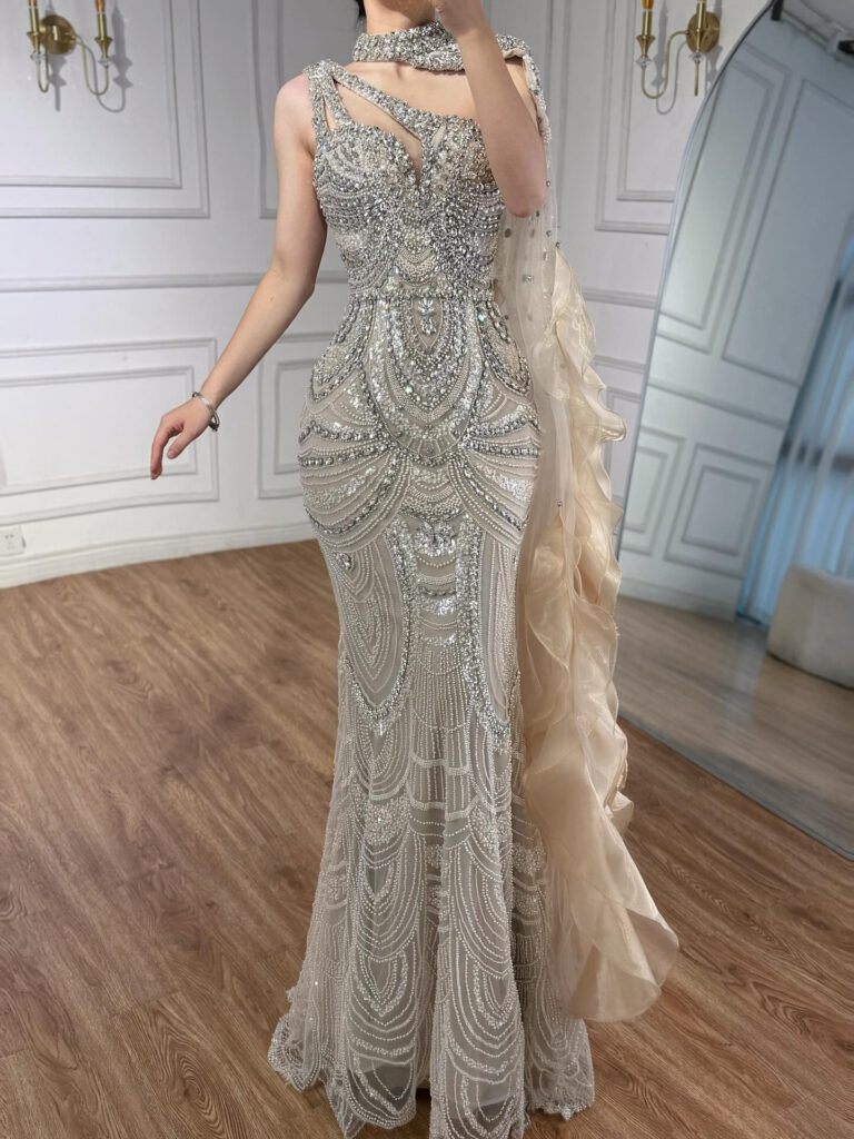 Nove Dress Nude Crystal Beaded One Shoulder Mermaid Evening Dress