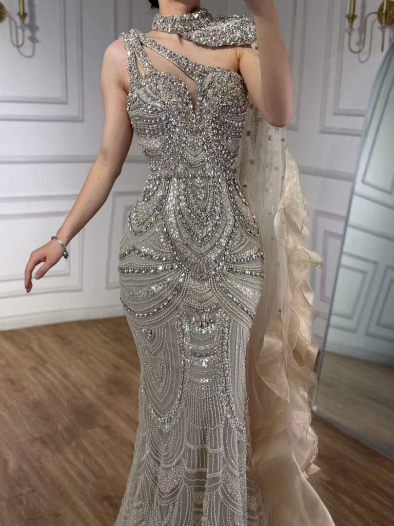 Nove Dress Nude Crystal Beaded One Shoulder Mermaid Evening Dress