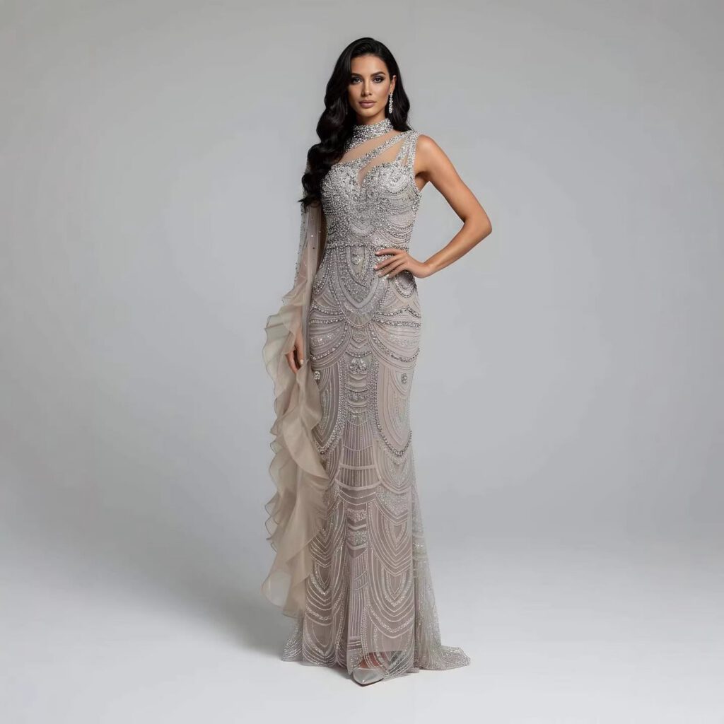 Nove Dress Nude Crystal Beaded One Shoulder Mermaid Evening Dress