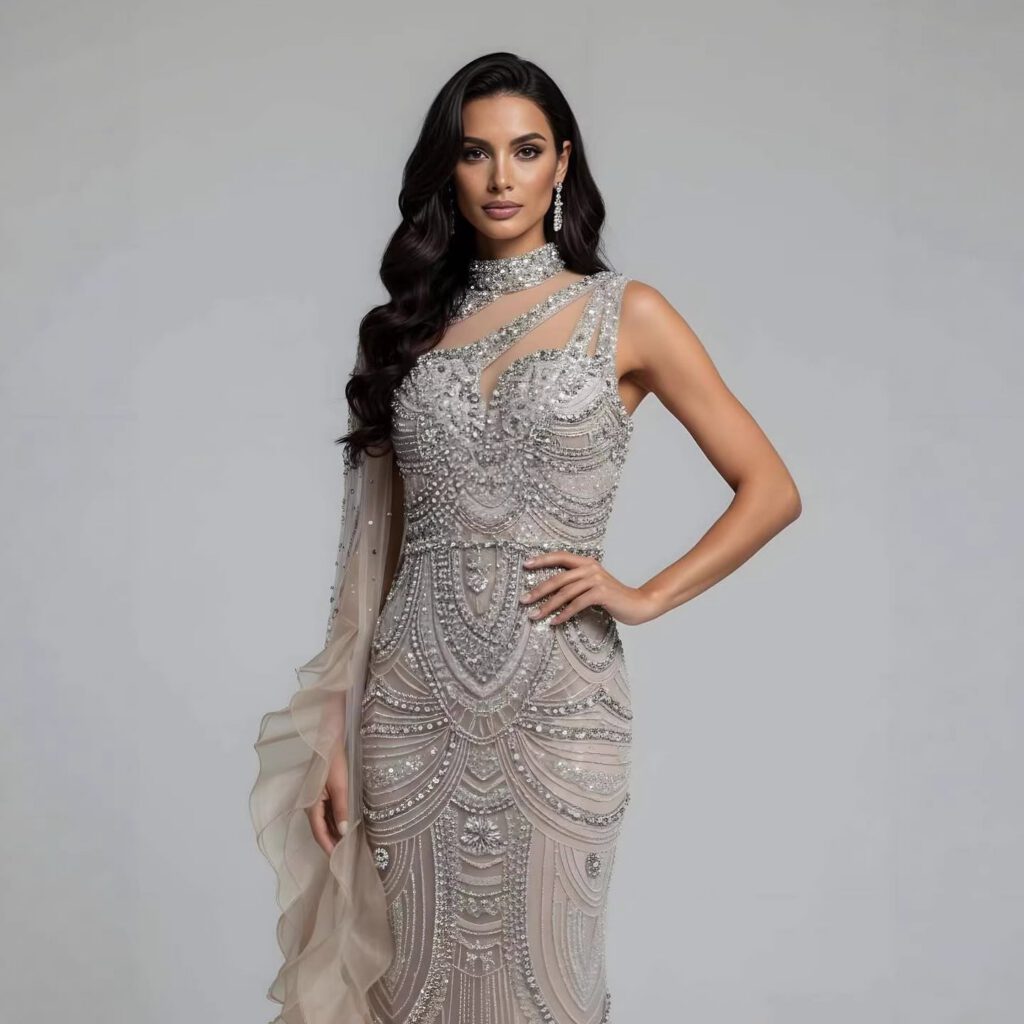 Nove Dress Nude Crystal Beaded One Shoulder Mermaid Evening Dress