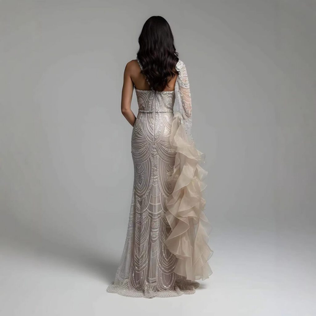 Nove Dress Nude Crystal Beaded One Shoulder Mermaid Evening Dress