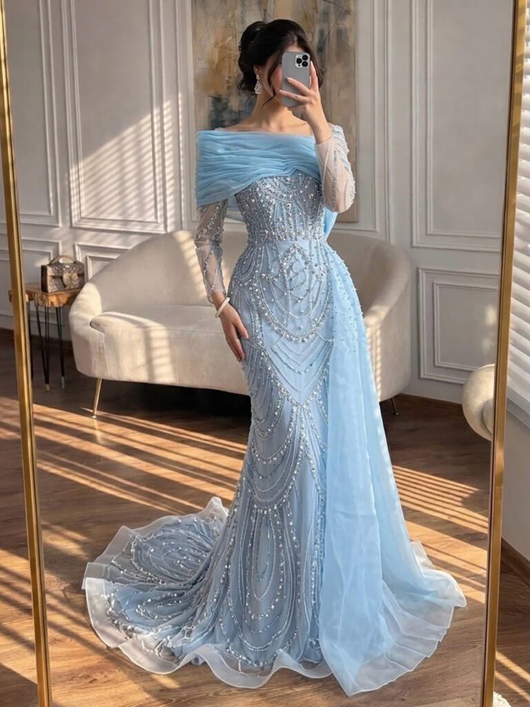 Nove Dress Nude Overskirt Mermaid Evening Dress