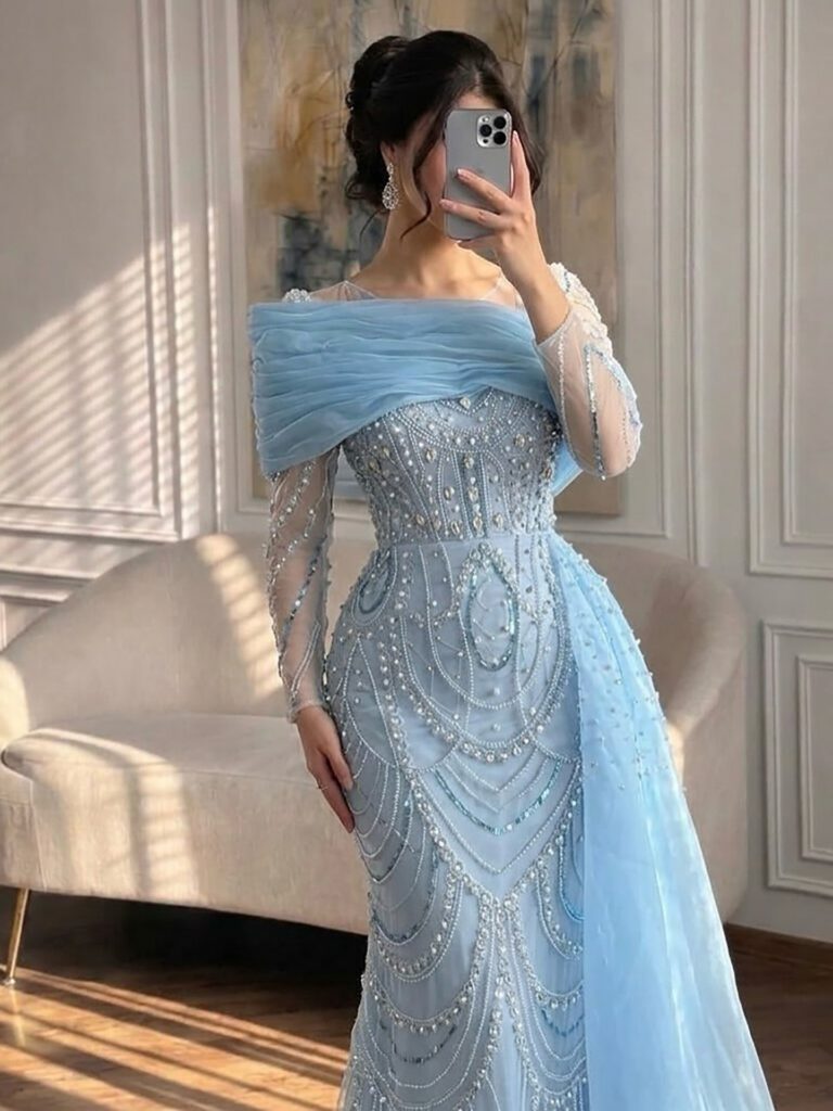 Nove Dress Nude Overskirt Mermaid Evening Dress