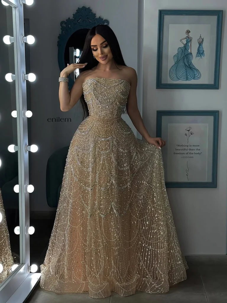 Nove Dress Nude Pearl Beaded A-Line Evening Dress