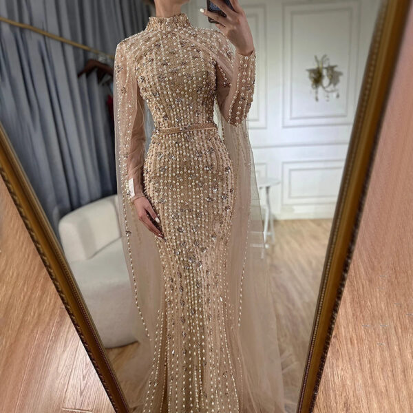 Nove Dress Nude Pearl Beaded Long Sleeve Modest Evening Dress 1 - Nove Dress