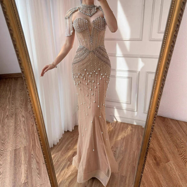 Nove Dress Nude Pearl Beaded Mermaid Evening Dress - Style LA73183 1 - Nove Dress