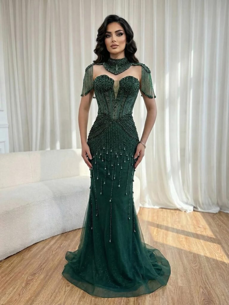 Nove Dress Nude Pearl Beaded Mermaid Evening Dress - Style