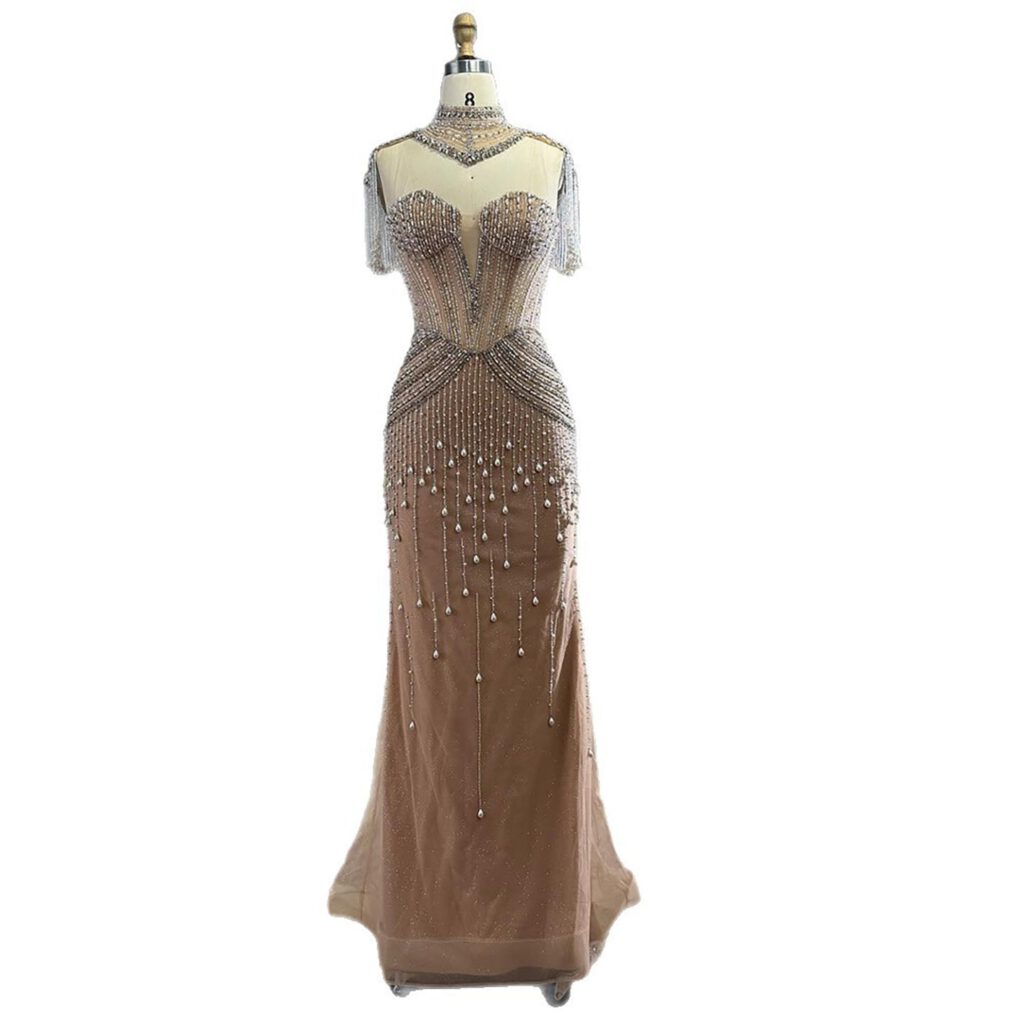 Nove Dress Nude Pearl Beaded Mermaid Evening Dress - Style