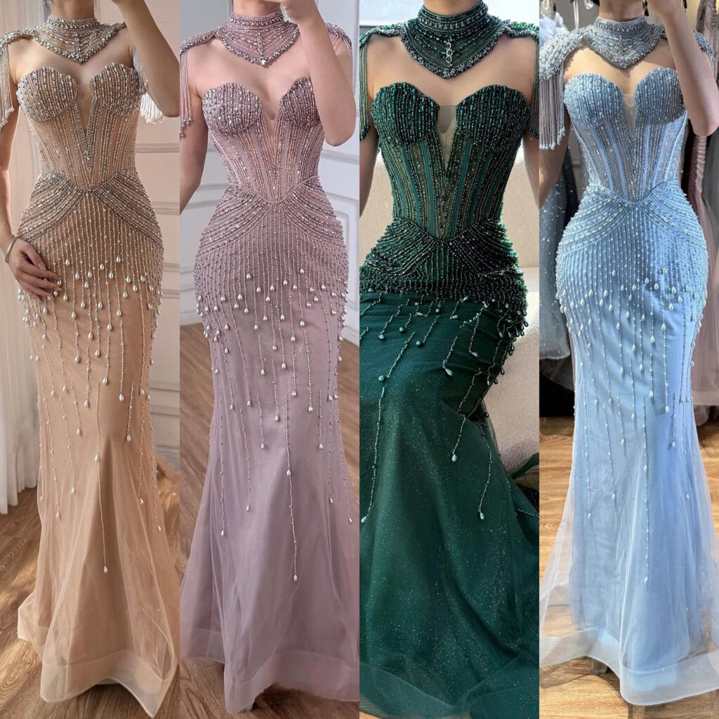 Nove Dress Nude Pearl Beaded Mermaid Evening Dress - Style