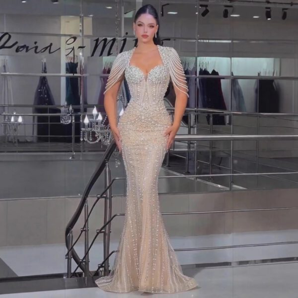 Nove Dress Nude Pearl Beaded Mermaid Evening Dress - Style LA73199 1 - Nove Dress