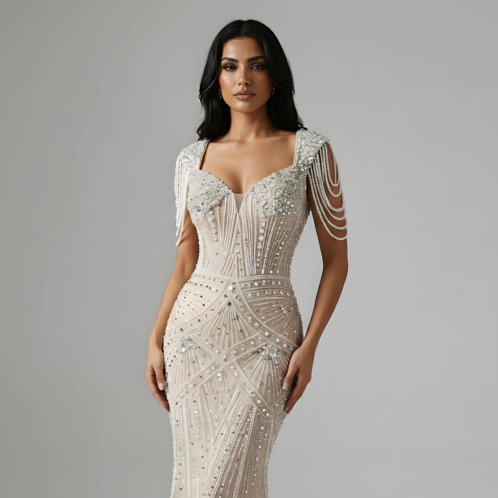 Nove Dress Nude Pearl Beaded Mermaid Evening Dress - Style