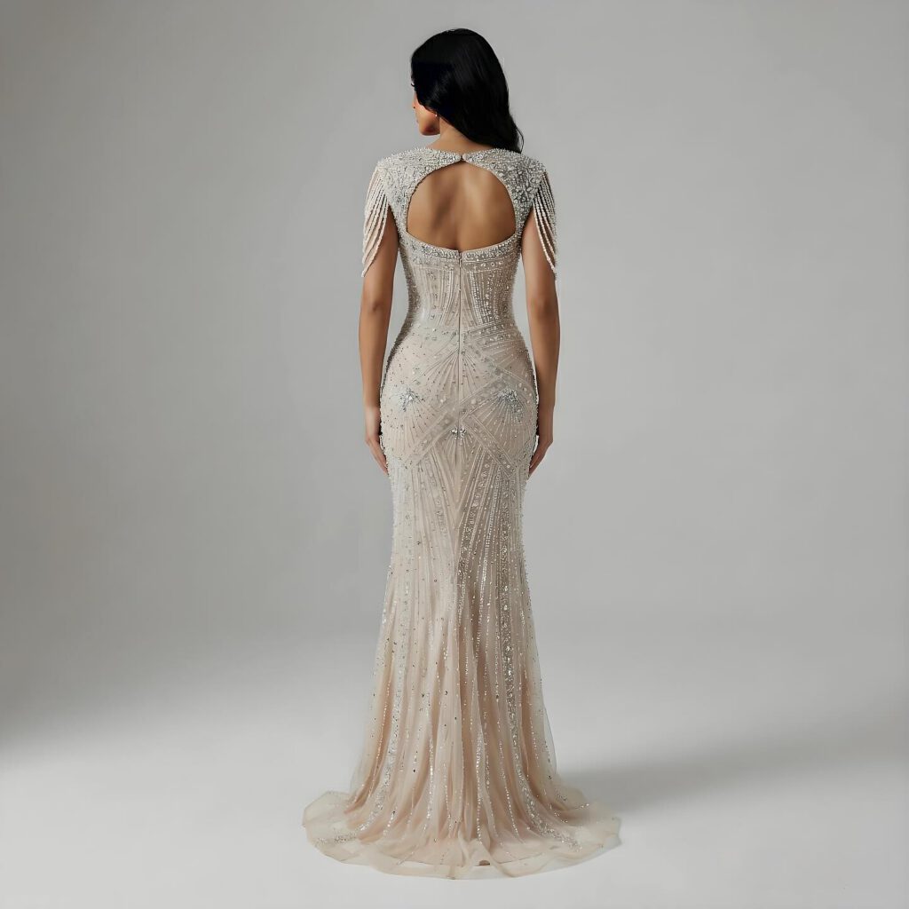 Nove Dress Nude Pearl Beaded Mermaid Evening Dress - Style