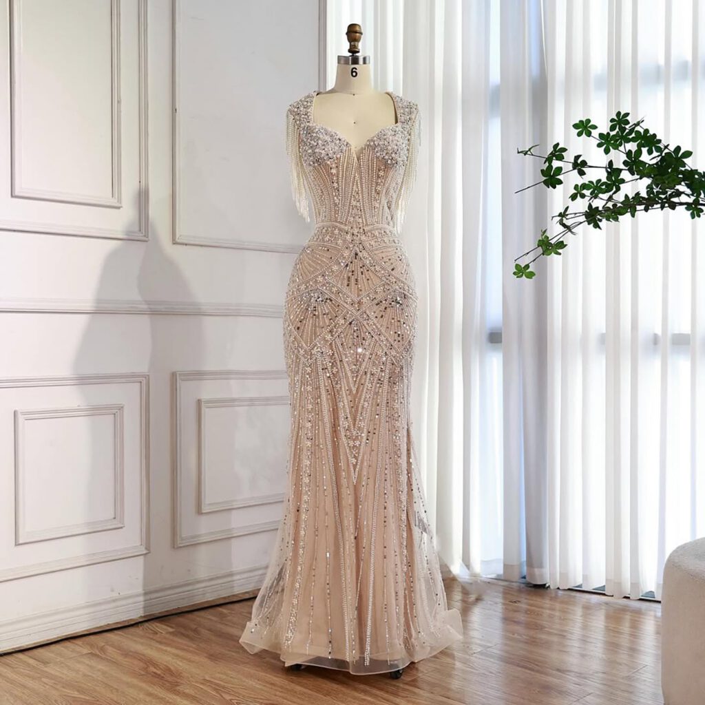 Nove Dress Nude Pearl Beaded Mermaid Evening Dress - Style
