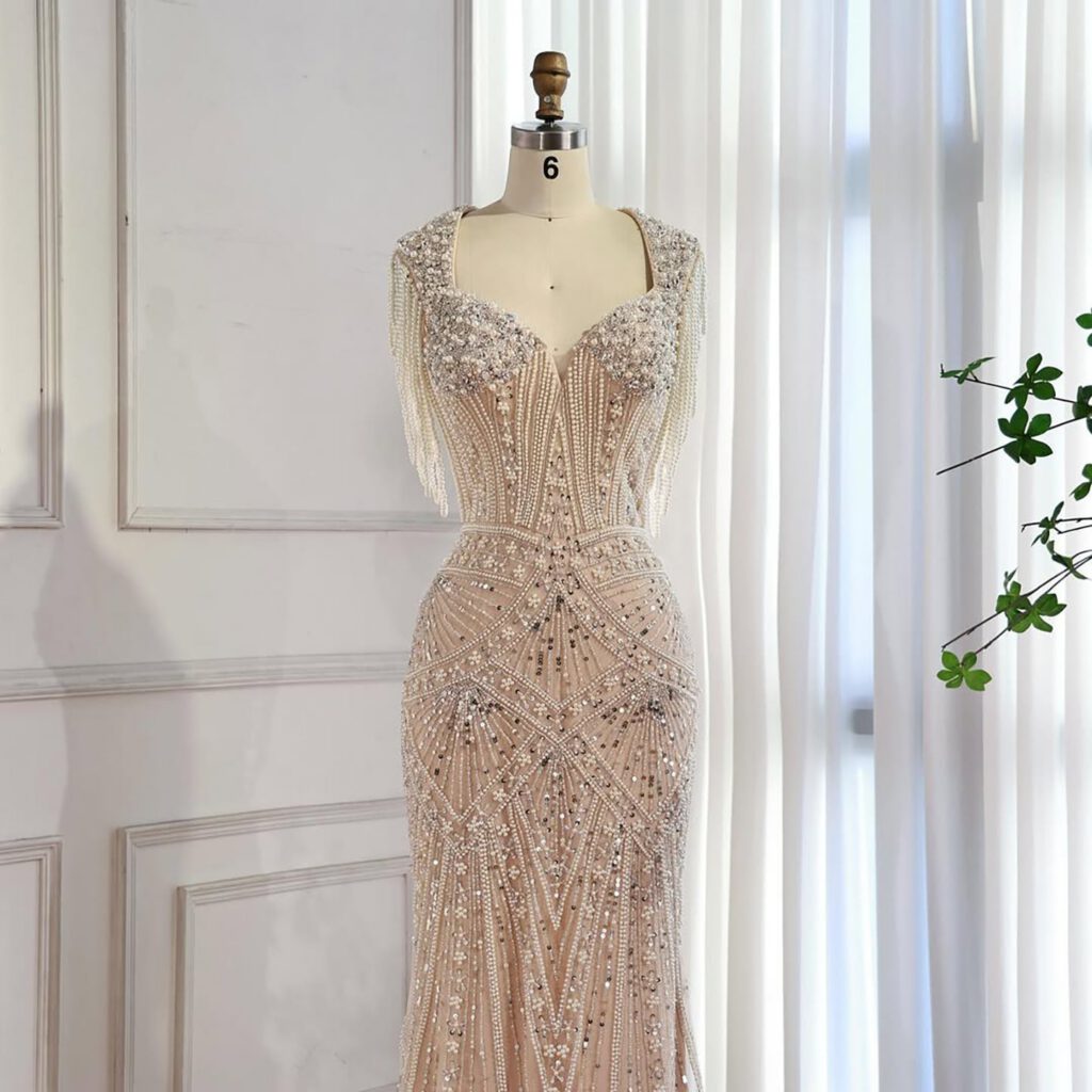 Nove Dress Nude Pearl Beaded Mermaid Evening Dress - Style
