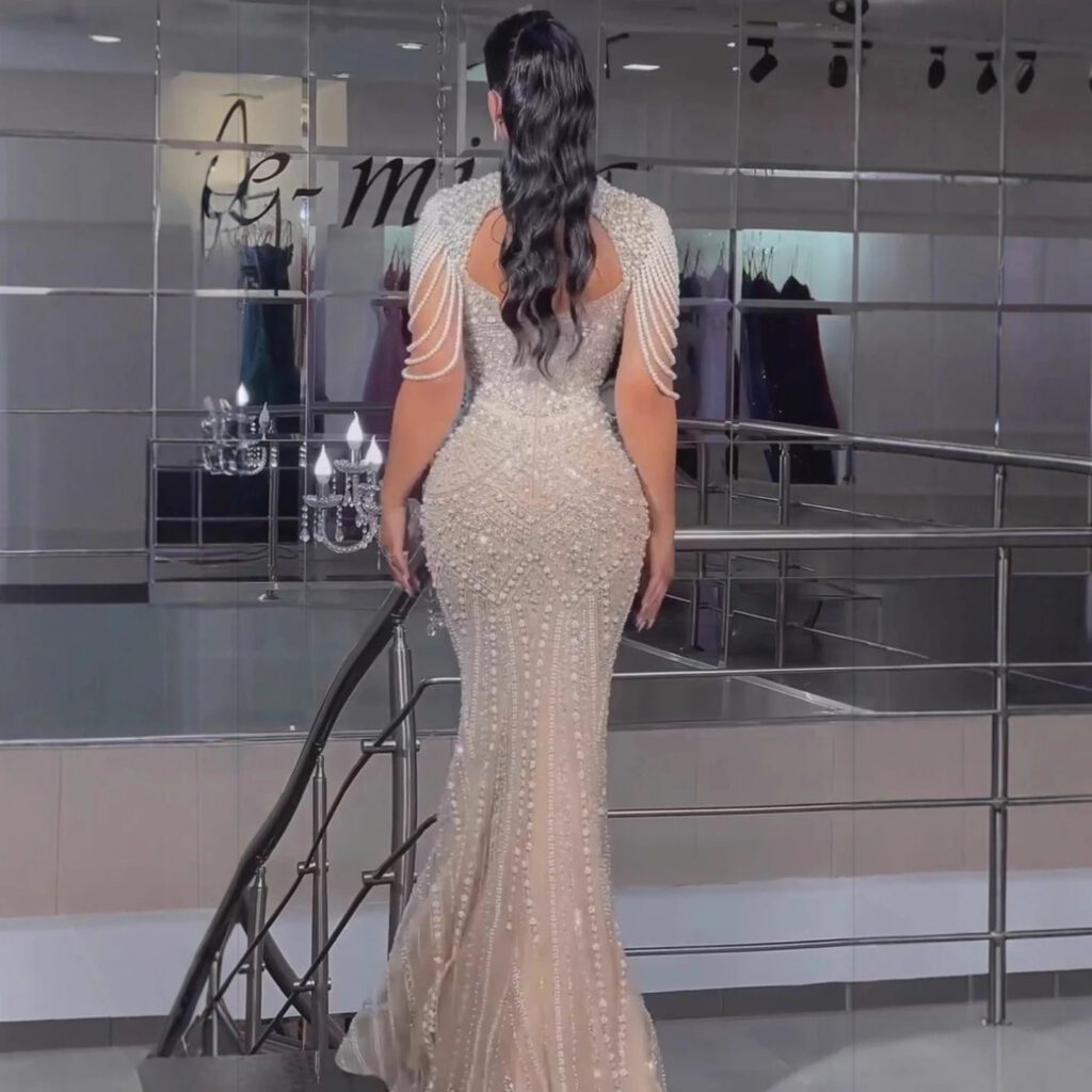 Nove Dress Nude Pearl Beaded Mermaid Evening Dress - Style