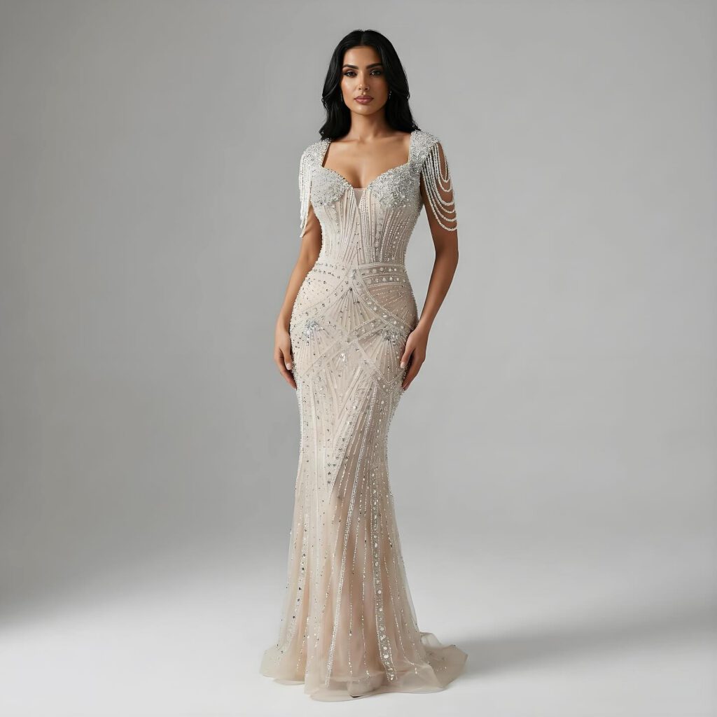 Nove Dress Nude Pearl Beaded Mermaid Evening Dress - Style