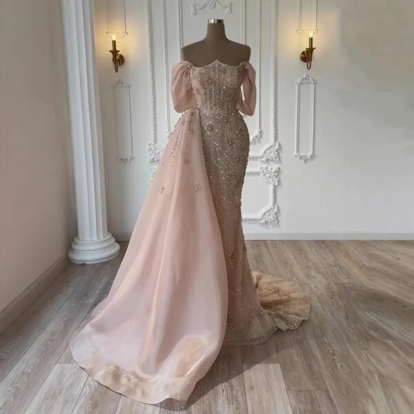 Nove Dress Nude Pearl Beaded Overskirt Off Shoulder Mermaid Evening Dress 1 - Nove Dress