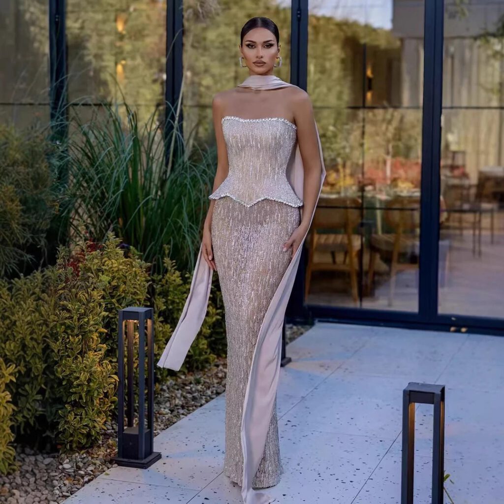 Nove Dress Nude Pearl Beaded Sparkle Evening Dress