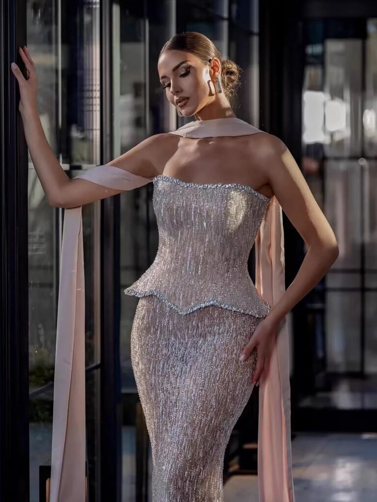 Nove Dress Nude Pearl Beaded Sparkle Evening Dress