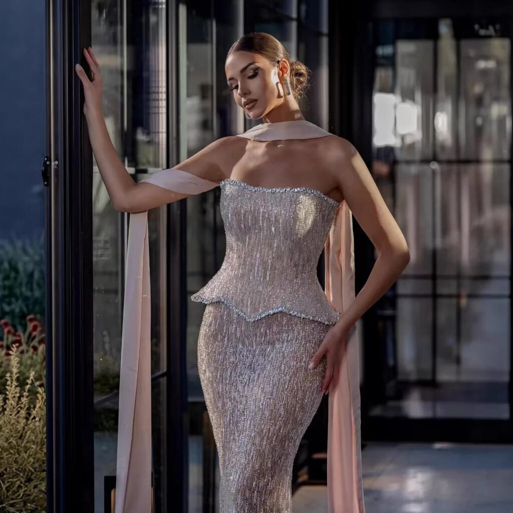 Nove Dress Nude Pearl Beaded Sparkle Evening Dress
