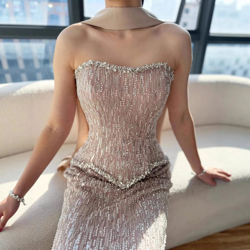 Nove Dress Nude Pearl Beaded Sparkle Evening Dress