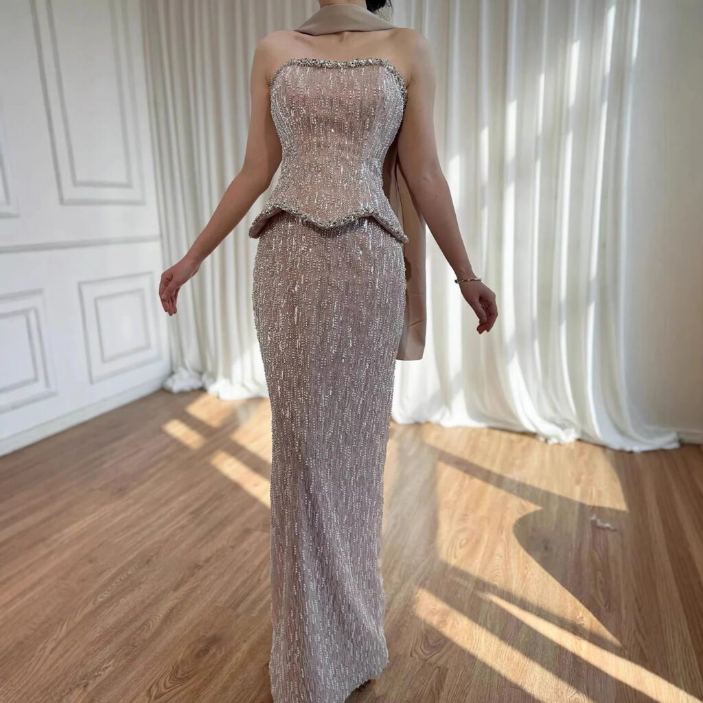 Nove Dress Nude Pearl Beaded Sparkle Evening Dress