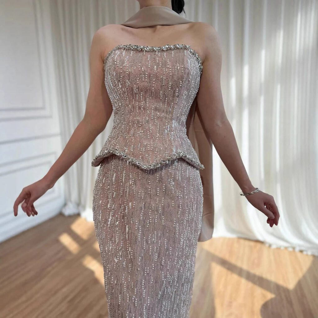 Nove Dress Nude Pearl Beaded Sparkle Evening Dress
