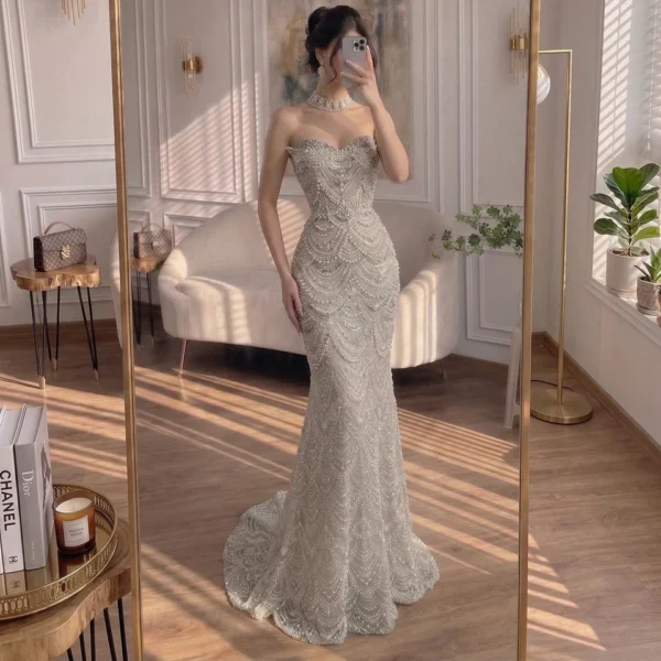 Nove Dress Nude Pearl Beaded Strapless Mermaid Arabic Evening Dress 1 - Nove Dress